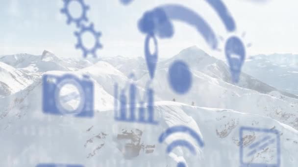 Animation Digital Icons Floating Winter Mountain Landscape Global Online Digital — Stock Video