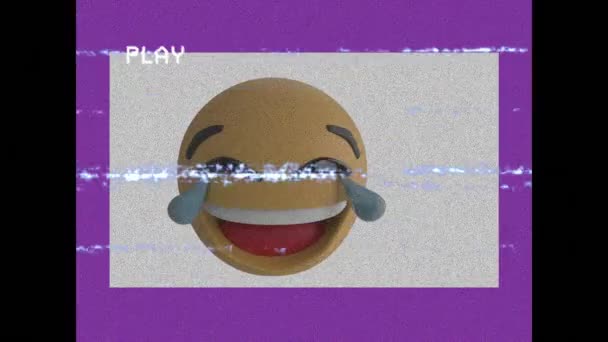 Digital Animation Vhs Glitch Effect Laughing Face Emoji Purple Background — Stock Video