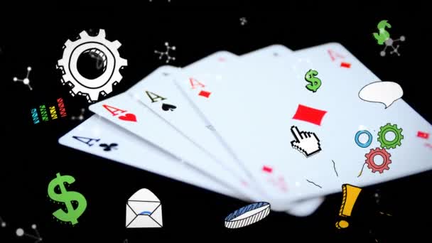 Animatie Van Business Iconen Met Speelkaarten Gokken Winnen Casino Concept — Stockvideo