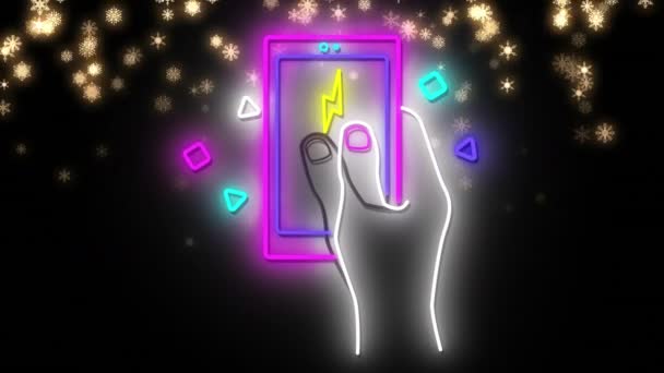 Animazione Digitale Neon Mano Tenendo Icona Smartphone Contro Stelle Brillanti — Video Stock