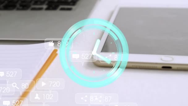 Animatie Van Social Media Pictogrammen Scope Scanning Tablet Mondiaal Concept — Stockvideo