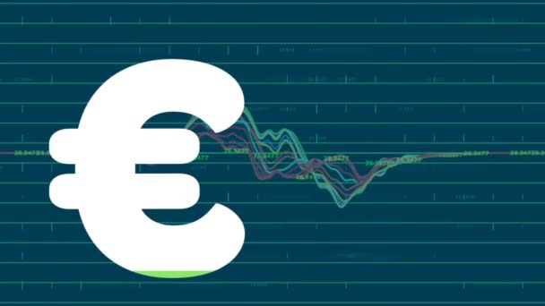 Анимация Знака Евро Заполняется Зеленым Цветом Над Обработкой Финансовых Данных — стоковое видео