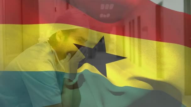 Digital Composition Ghana Flag Waving Stressed Caucasian Male Health Worker — Vídeo de Stock