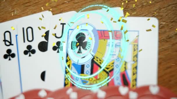 动画中的五彩纸屑 范围扫描与播放芯片和卡片 赢球和赌场概念数字生成的视频 — 图库视频影像