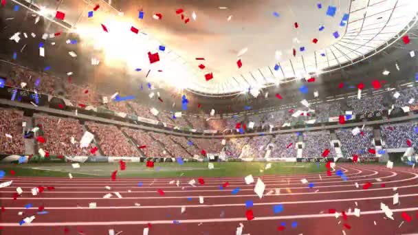Цифровая Анимация Красочных Конфетти Падающих Спортивный Стадион Заднем Плане Спортивный — стоковое видео