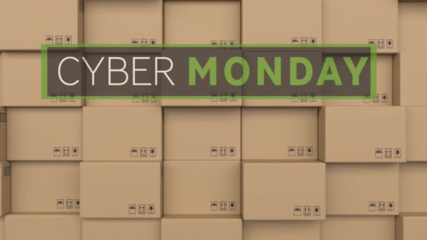 Cyber Maandag Tekst Banner Tegen Stapel Van Levering Dozen Achtergrond — Stockvideo