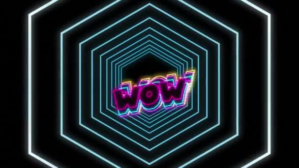 Neon Wow Tekst Met Schaduw Effect Tegen Blauwe Zeshoeken Naadloze — Stockvideo