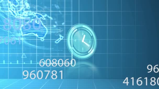 世界地図に対してビジネスマンのシルエットの上にネオンのデジタル時計のタイミングと変更番号 コンピュータ インターフェースとビジネス技術の概念 — ストック動画
