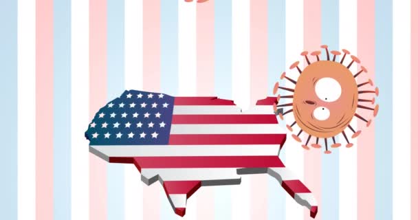 Animace Koronavirových Buněk Nad Námi Mapa Zbarvená Americkou Vlajkou America — Stock video