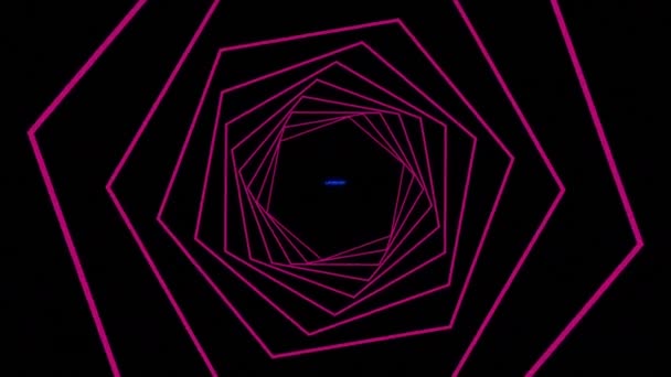 黒の背景にシームレスな動きで回転ピンク六角形の上にテキストをレベルアップ以上のグリッチ効果 ビデオゲームインターフェースとテクノロジーの概念 — ストック動画