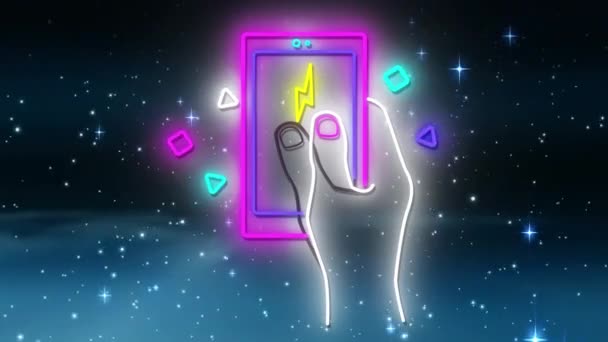 Animação Digital Neon Mão Segurando Ícone Smartphone Contra Estrelas Brilhantes — Vídeo de Stock