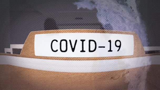 Covid Banner Texto Conspiração Sobre Médico Trabalhador Saúde Sexo Feminino — Vídeo de Stock