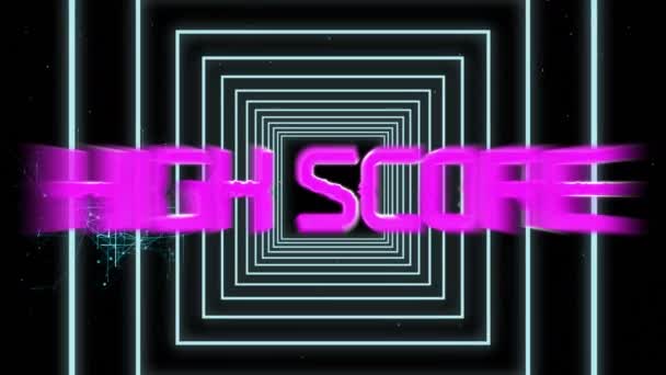 Lila Highscore Text Gegen Neon Quadrate Nahtloser Bewegung Auf Schwarzem — Stockvideo