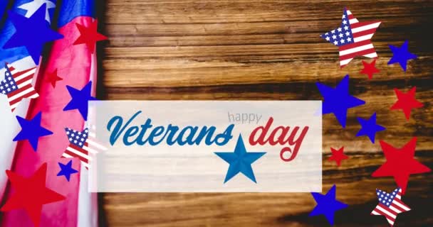 Animation Veterans Day Text American Flags Flag Elements Wood Background — Stock Video