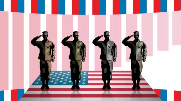 白地にアメリカ国旗を販売する兵士のアニメーション 愛国心とお祝いのコンセプトをデジタルで — ストック動画