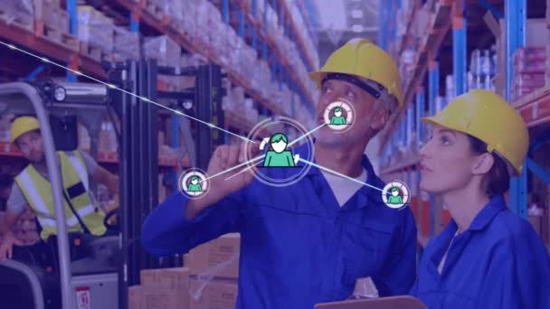 Network Profile Icons Caucasian Male Female Workers Checking Stock Warehouse — Stock Video