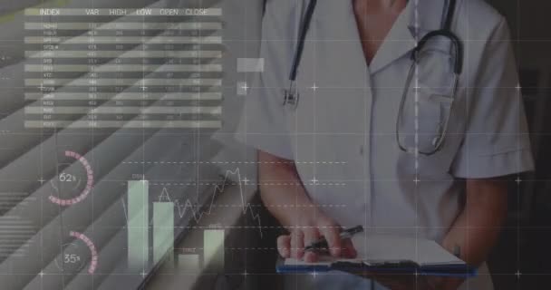 Animation Von Statistiken Und Datenverarbeitung Über Ärztinnen Globale Medizin Gesundheitsdienstleistungen — Stockvideo