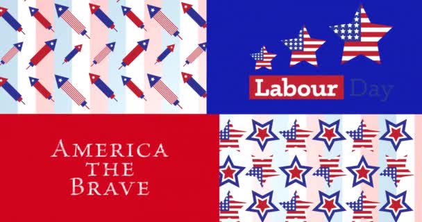 Animacja Dnia Pracy Ameryka Odważny Tekst Nad Ikonami Barwionymi Amerykańską — Wideo stockowe