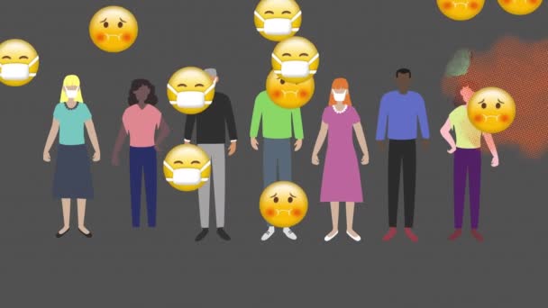 Múltiples Emojis Cara Cayendo Sobre Personas Que Mantienen Iconos Distanciamiento — Vídeos de Stock