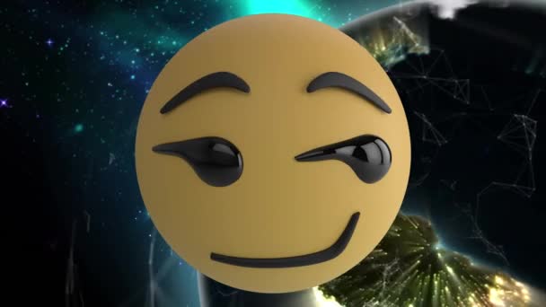 Цифрова Анімація Декількох Мінливих Емоїдів Обличчя Проти Обертання Глобусу Космосі — стокове відео