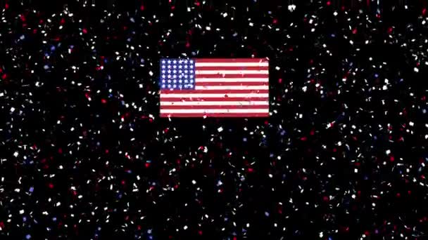 Animación Confeti Rojo Azul Cayendo Bandera Americana Sobre Fondo Negro — Vídeo de stock