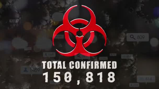 Biohazard Symbool Met Toenemende Gevallen Covid Cellen Digitale Pictogrammen Met — Stockvideo