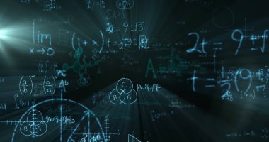 Siyah arkaplanda yüzen matematiksel denklemlerin resmi. Okul kavramına geri dönüş dijital olarak oluşturulan imaj.