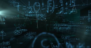 Siyah arkaplanda yüzen matematiksel denklemlerin resmi. Okul kavramına geri dönüş dijital olarak oluşturulan imaj.