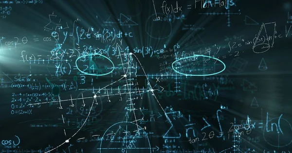Imagem Equações Matemáticas Flutuando Sobre Fundo Preto Educação Volta Conceito — Fotografia de Stock