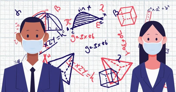 Imagen Pictogramas Distanciamiento Social Sobre Ecuaciones Matemáticas Flotantes Sobre Fondo —  Fotos de Stock