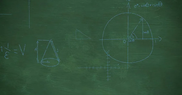 Yeşil Karatahta Arkaplanından Yükselen Soluk Mavi Tebeşirle Yazılmış Matematik Grafiklerinin — Stok fotoğraf