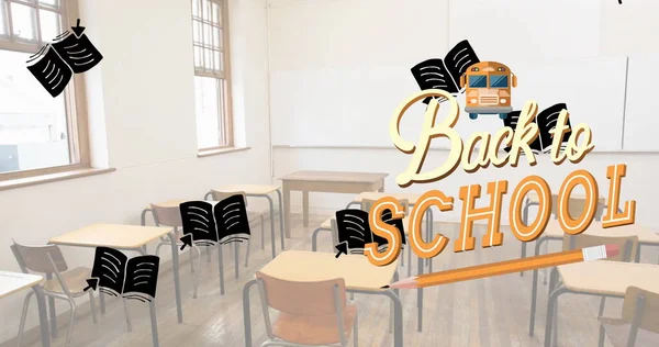 Bild Von Zurück Zur Schule Text Und Schulgegenstände Symbole Über — Stockfoto