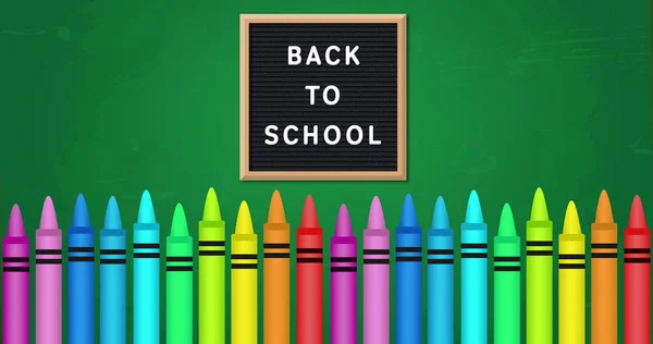 Image Colored Pencils Formation Board Text Back School Green Background — Stock Photo, Image