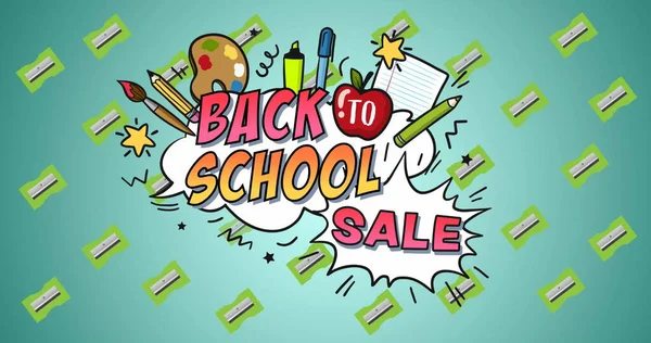 Image Back School Sale Text School Items Icons Green Background — Stock Photo, Image