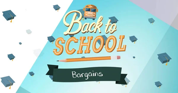 Image of back to school bargains text over school items icons on blue background. school, education and study concept digitally generated image.