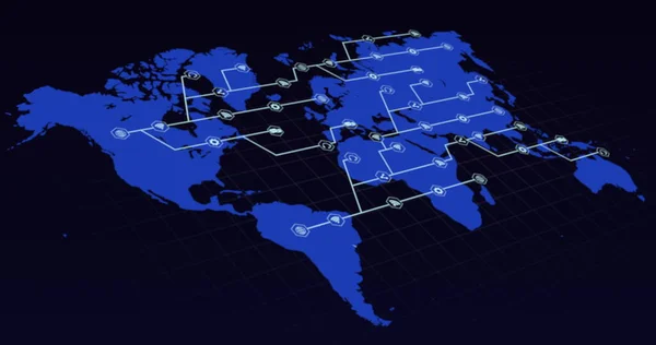 黒の背景に接続されたアイコンの白いネットワークが成長している青の世界地図 世界中の通信ネットワークの概念を — ストック写真