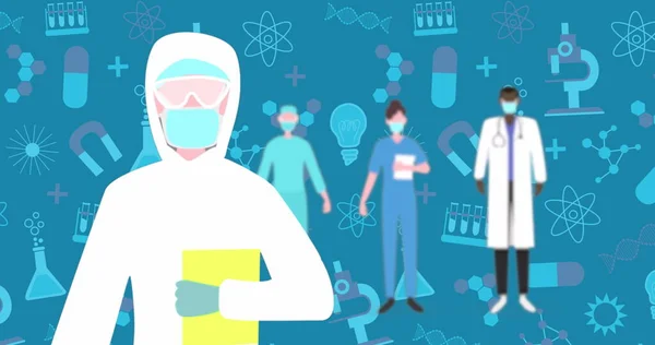 青い背景に複数の化学ピクトグラム上の顔マスクを持つ医師のピクトグラムの画像 学校の概念に戻る教育 — ストック写真