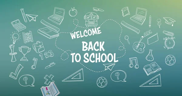 Image Welcome Back School Text School Items Icons Green Background — Stock Photo, Image