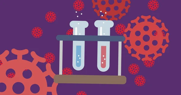 Covid 19細胞上の紫色の背景に対する試験管アイコンのデジタル画像 Covid 19コロナウイルスのパンデミックと学校の概念 — ストック写真