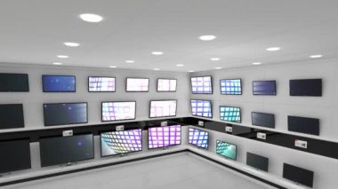 Elektronik mağazasının içinde senkronize video birden fazla televizyon ekranında oynuyor. elektronik ve perakende ticaret teknolojisi kavramı