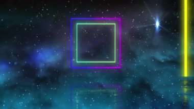 Siyah arkaplanda parlayan yıldızlara karşı renkli neon karelerin dijital animasyonu. Soyut doku ve tasarım ile teknoloji arkaplanı