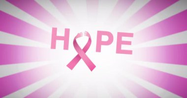 Pembe arka planda pembe kurdele logosu ve umut metninin canlandırması. Göğüs kanseri pozitif farkındalık kampanyası konsepti dijital olarak üretildi.