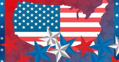 Amerikan bayrağına boyanmış yıldızların canlandırılması mor arka planda. Vatanseverlik ve kutlama konsepti dijital olarak oluşturulmuş video.