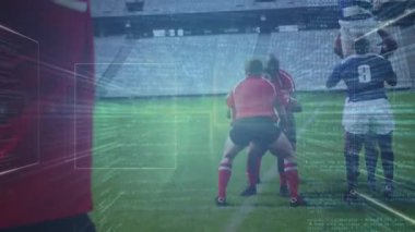 Stadyumdaki ragbi oyuncuları üzerinde veri işleme animasyonu. global spor, fitness ve veri işleme konsepti dijital olarak oluşturulmuş video.
