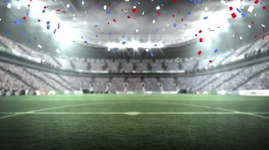 Spor stadyumunun üzerine düşen mavi ve kırmızı konfeti animasyonu. Vatanseverlik ve kutlama konsepti dijital olarak oluşturulmuş video.