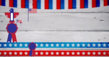 Amerikan bayrağında yıldızların ve şeritlerin arka planında renkli simgelerin canlandırılması. Vatanseverlik ve kutlama konsepti dijital olarak oluşturulmuş video.