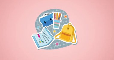 Okul eşyalarının pembe arka planda hareket eden simgelerinin canlandırılması. okul, eğitim ve öğrenim konsepti dijital olarak oluşturulmuş video.