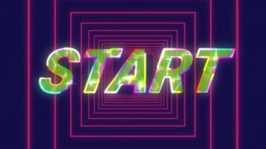 Siyah arkaplanda, kırmızı karelere karşı başlatılan metin üzerindeki elektrik etkisi. Video oyunu arayüzü ve teknoloji kavramı