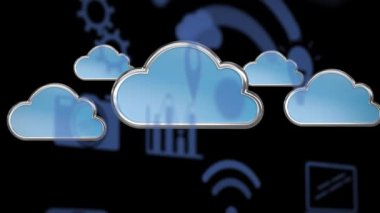 Siyah arkaplanda uçan mavi bulutların ve dijital simgelerin animasyonu. küresel çevrimiçi dijital arayüz, iletişim ve arayüz kavramı dijital olarak oluşturulmuş video.