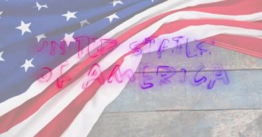 Amerika 'nın renkli Amerika Birleşik Devletleri metinlerinin ahşap üzerinde canlandırılması. Vatanseverlik, bağımsızlık ve kutlama konsepti dijital olarak oluşturulmuş video.